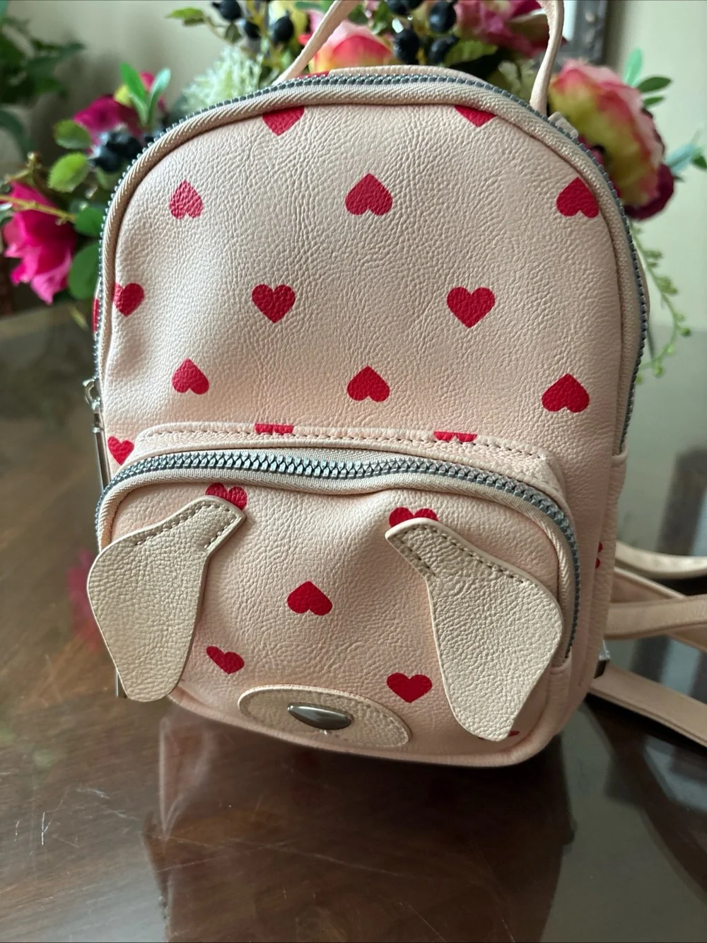 Betsey Johnson Pink Mini Puppy Backpack with Red Heart Print